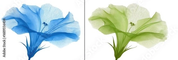 Fototapeta Two vibrant, translucent flowers, a striking blue and a light green, stand out against a stark white background.  Their delicate, almost ethereal, structure is highlighted with intricate detail.