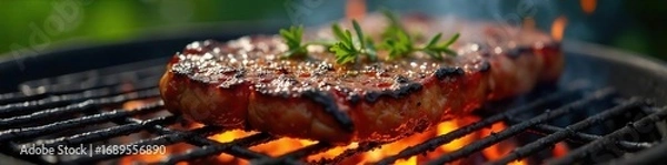 Fototapeta Juicy grilled steak on a barbeque grill, flames licking the meat Perfect summer cookout scene with delicious food and smoky aroma , summertime, smoke, flame