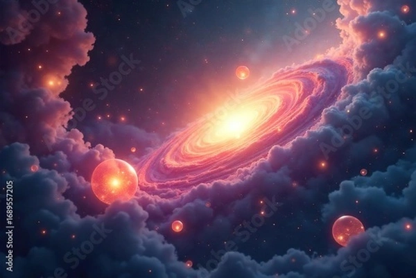 Fototapeta Ethereal glowing orbs float amidst swirling nebulae, creating a mesmerizing cosmic scene of otherworldly beings Perfect for fantasy, sci-fi, or spiritual projects , cosmic being, design, nebula