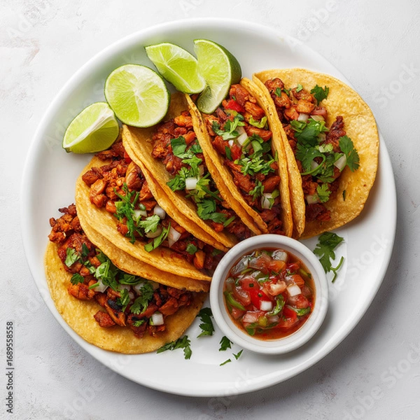 Obraz Plate of Al Pastor tacos with lime wedges and salsa on the side, minimalistic white background

