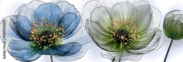 Fototapeta Delicate, translucent blossoms in shades of blue and green, showcasing intricate details of the flower's structure.
