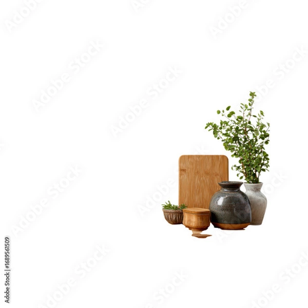 Obraz Stylish Kitchen Still Life Bamboo Cutting Board, Ceramic Vases, and Wooden Bowls with Herbs