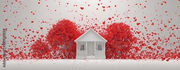 Fototapeta A quaint white house nestled amidst vibrant red trees, surrounded by a flurry of hearts, evokes a sense of love and warmth.