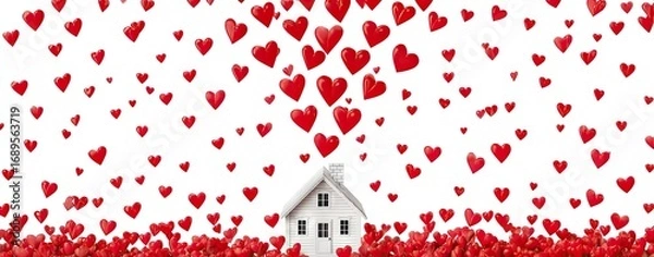 Fototapeta A small, white house is nestled amidst a plentiful shower of red hearts, against a stark white backdrop.