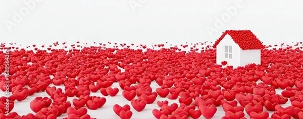 Fototapeta A small white house sits amidst a large collection of red hearts, evoking a sense of warmth and love.