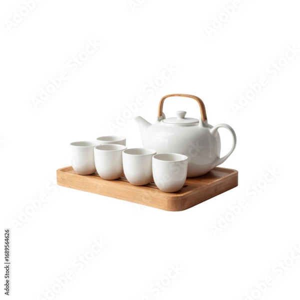 Obraz Elegant White Porcelain Tea Set with Bamboo Tray - Perfect for Tea Ceremony