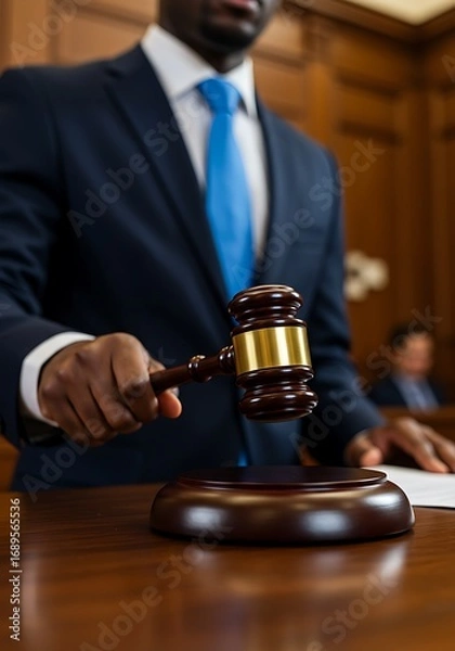 Fototapeta Judge with Gavel in Courtroom Setting, Justice and Law.