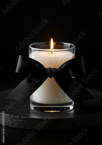 Fototapeta A lit candle in a glass jar with a black ribbon tied around it on a dark background.
