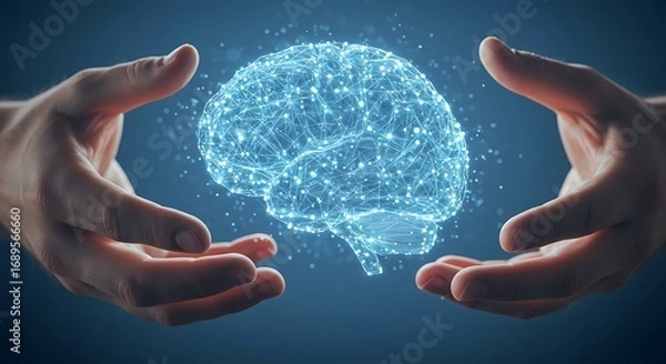 Fototapeta Hands Holding Digital Brain Network Symbolizing Artificial Intelligence and Innovation.