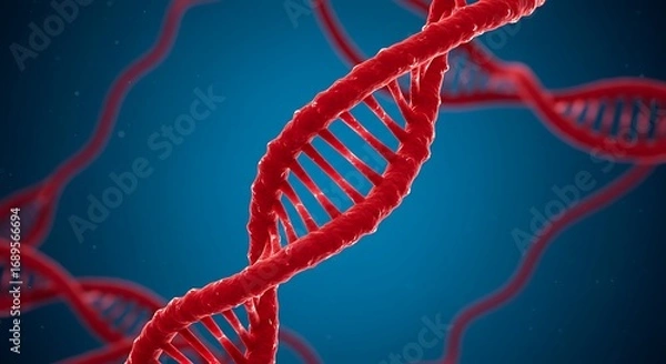 Fototapeta Detailed 3D rendering of a red DNA double helix molecule on a blue background.