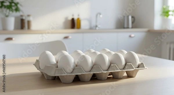 Fototapeta Carton of white eggs on a kitchen counter with a blurred background.