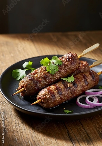 Fototapeta Grilled Lamb Kebabs with Cilantro and Red Onion.