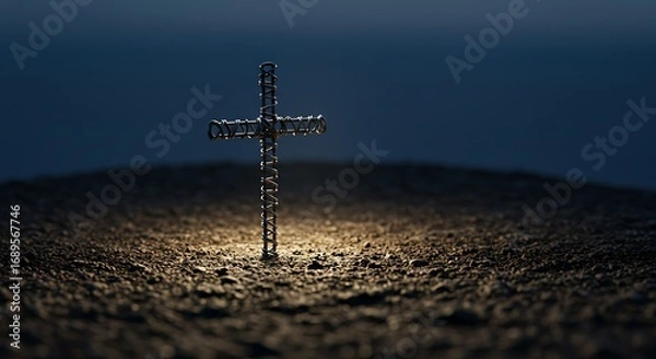 Fototapeta Solitary Metal Cross Illuminated from Below on a Rocky Hilltop at Twilight.