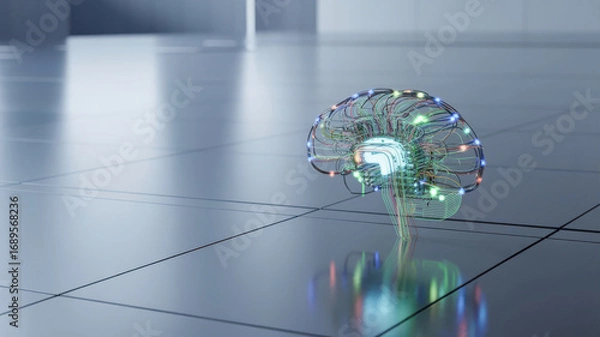 Fototapeta Abstract digital brain with glowing circuits and colorful lights, representing artificial intelligence and neural networks in a futuristic, minimalist environment