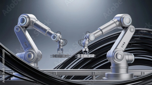 Fototapeta Advanced robotic arms with articulated joints and grippers working with bundles of black cables, illustrating complex automation, data transfer, and technological infrastructure