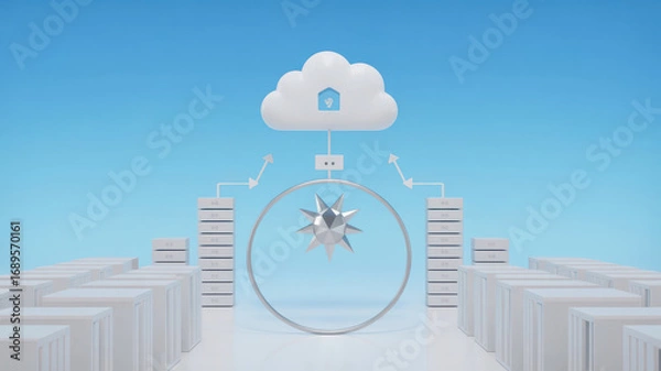 Fototapeta Cloud computing security concept with a virus or malware symbol protected by a shield and connected to servers and a cloud icon, representing data protection and cyber security