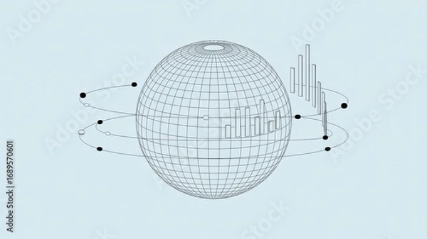 Fototapeta Wireframe globe with orbiting data points and a rising bar chart, symbolizing data analysis, global trends, and digital information exchange