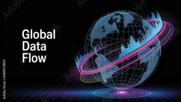 Fototapeta Abstract digital globe with glowing network connections and data streams, representing global data flow and connectivity in a futuristic digital world