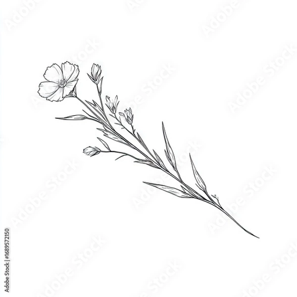 Fototapeta Delicate line drawing of a flowering plant sprig, showcasing detailed floral and botanical elements.
