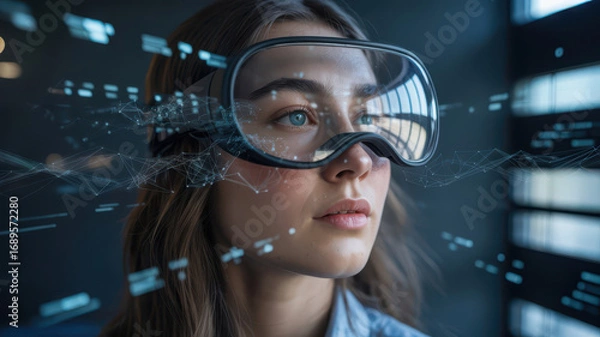 Fototapeta Closeup portrait of a young woman with brown hair wearing a sleek virtual reality headset, looking intently with digital data streams around her