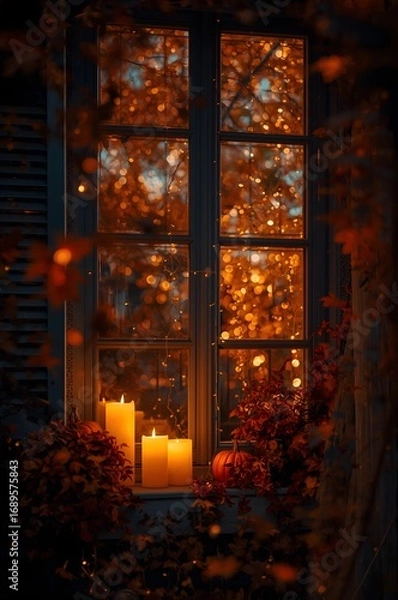 Obraz Autumn window with yellow garland lights, pumpkin and candles on the windowsill at night.