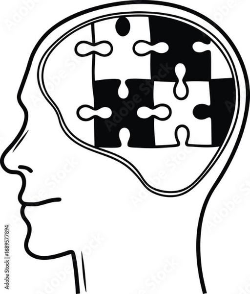 Fototapeta Head with jigsaw puzzle pieces symbolizing creative thinking and a new idea