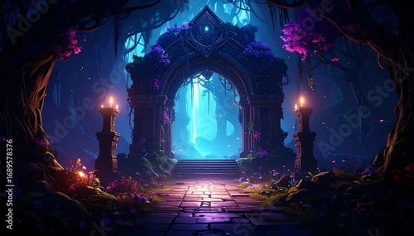 Fototapeta Mystical stone archway in a vibrant, dark forest, illuminated by candles and ethereal light