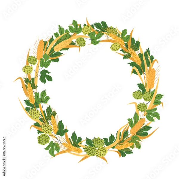 Fototapeta Seasonal botanical wreath with hops barley and wheat in flat style perfect for harvest festival designs packaging labels posters or seasonal invitations