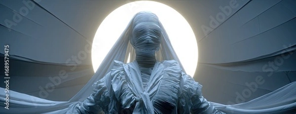 Fototapeta A shrouded figure stands illuminated by a celestial orb, draped in flowing white fabric.