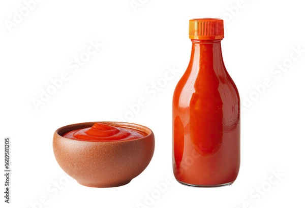 Fototapeta Small bowl of red sauce next to a glass bottle