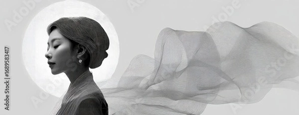 Fototapeta A serene, grayscale portrait of a woman, with flowing fabric, and a luminous moon, evokes a sense of tranquility and ethereal beauty.