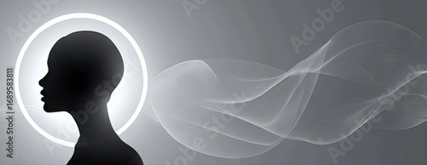 Fototapeta A silhouette of a profile head, encircled by a luminous halo, set against a backdrop of flowing, ethereal light.