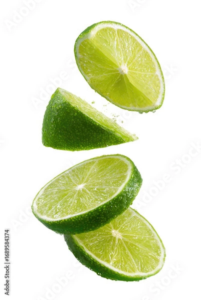 Fototapeta Three lime slices, vibrant green, appear to be levitating.  A  fresh, citrusy image