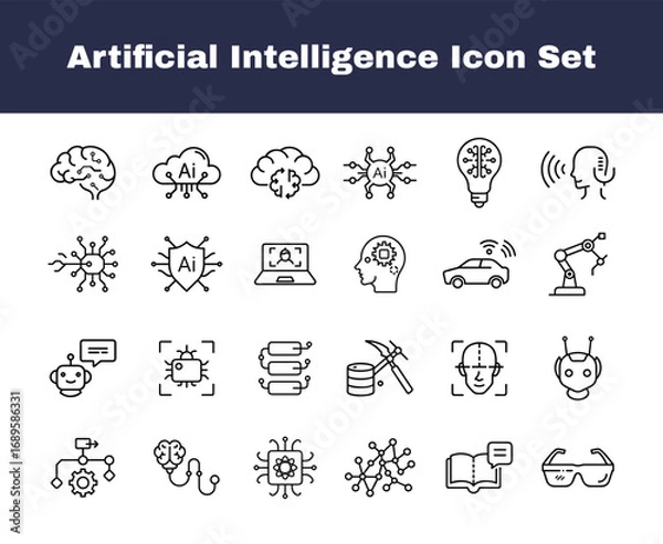 Fototapeta  Artificial Intelligence Icon Set – Line Style Illustrations of AI, Machine Learning, Robotics, Neural Network, Chatbot, Automation, Data Science, Innovation