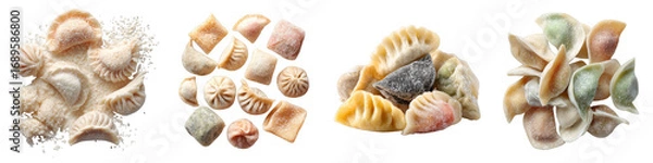 Fototapeta Assorted types of frozen dumplings pasta shells and ravioli on transparent background