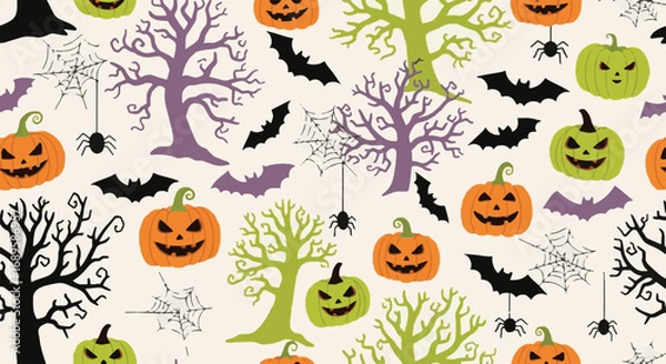 Fototapeta Spooky Halloween seamless pattern with jack-o'-lanterns, flying bats, bare trees, spiders, and webs. Festive holiday background.