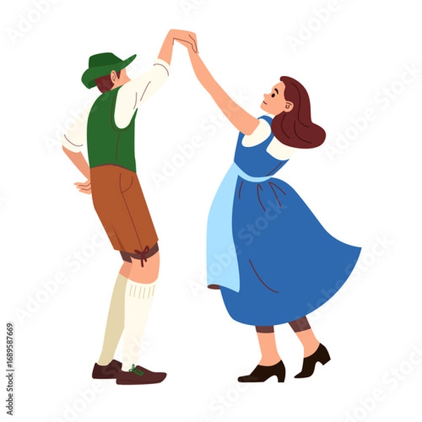 Fototapeta Couple in traditional Bavarian attire dancing joyfully wearing dirndl and lederhosen flat style ideal for Oktoberfest ads festival invitations and cultural event graphics