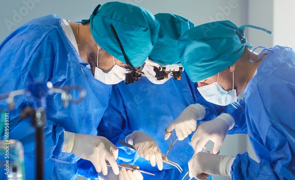 Fototapeta Team of professional surgeons leaning over patient during operation in surgical room. Focused medical specialists in blue scrubs and masks using surgical instruments, working together during surgery.