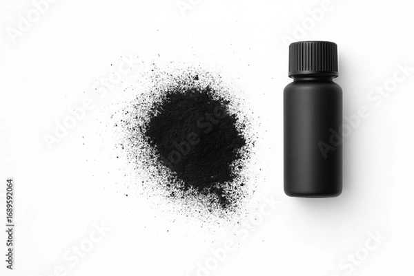 Obraz Black Bottle with Scattered Fine Black Powder on White Background