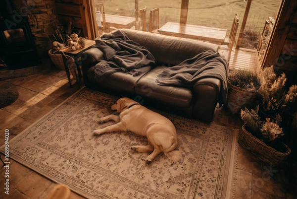 Fototapeta A cozy living room interior in a private home with a stained-glass window, a gray sofa, and a yellow Labrador retriever lying on a large rug.
