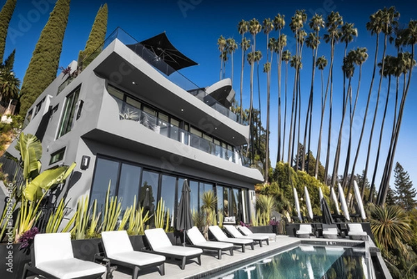 Fototapeta The facade of a luxury apartment with a swimming pool in the tropics. Shot with a wide-angle lens.
