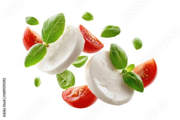 Fototapeta Mozzarella cheese slices isolated on transparent or white background, png