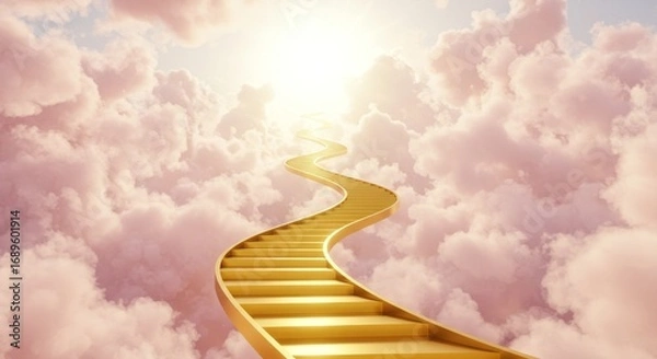 Fototapeta Golden Stairway to Heaven Among Clouds - A winding golden staircase ascends through soft pink clouds towards a bright light, symbolizing hope, faith, ascension, spiritual journey, and divine