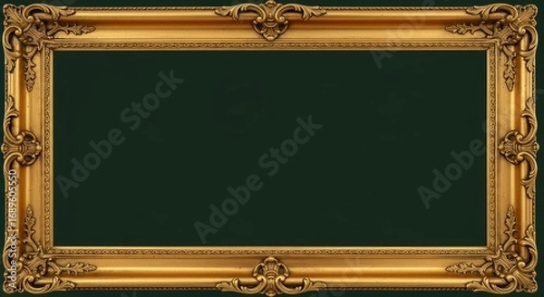 Fototapeta Ornate Gold Frame Dark Green Background - Elegant gold frame, dark green backdrop, ornate details, luxurious design, empty space for text or .