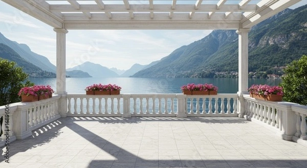 Fototapeta Serene Lake View Balcony - Stunning view of a lake and mountains from a luxurious balcony with white pergola and flower boxes. Perfect for travel, real estate, or lifestyle