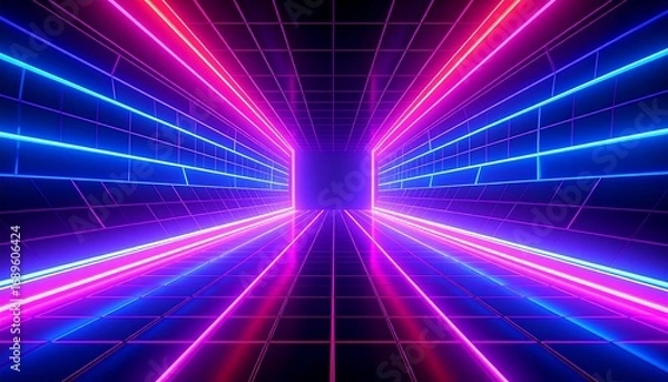 Fototapeta Neon-lit tunnel with grid floor and walls, perspective effect
