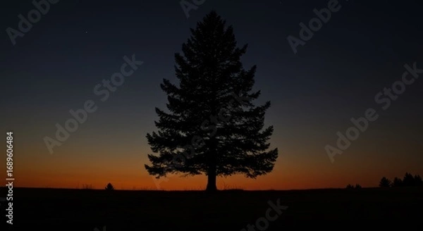 Fototapeta Silhouetted Tree at Sunset - A single tree stands in silhouette against a vibrant sunset sky, creating a serene and peaceful scene