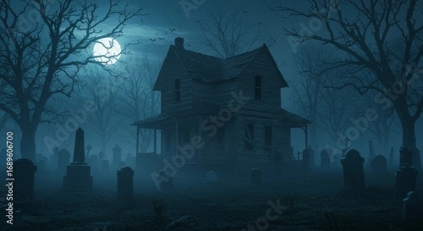 Fototapeta Spooky House Among the Trees and Graves - A haunted house sits amidst a graveyard shrouded in mist under a full moon. Mystery, suspense, darkness, solitude, and the supernatural are symbolized