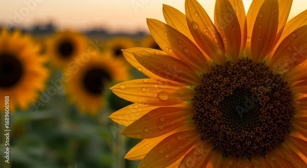 Fototapeta Sunlit Sunflower Field at Dawn - Close-up of a dew-kissed sunflower in a field at sunrise, with other sunflowers softly blurred in the background