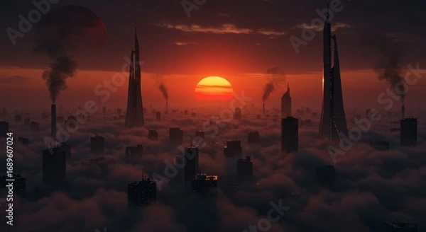 Fototapeta Sunset Over Cloud City - Futuristic city skyline engulfed in clouds at sunset, industrial smoke plumes visible. Dark, moody atmosphere